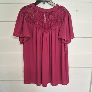 Torrid Womens Burgundy Lace Yoke Blouse Short Flutter Sleeves Button Back Detail